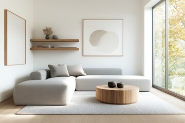 Cozy Scandinavian Living Room with Oak Shelving and Muted Earthy Tones in Wide-Angle Shot