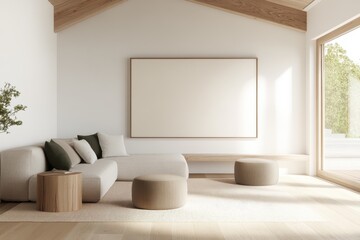 Serene Scandinavian Living Room with Light Wood Accents and Natural Light, Side View Shot