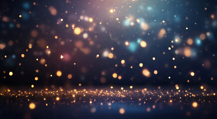Fototapeta premium A bokeh background with a mix of tiny, star-shaped light points scattered across a dark gradient, creating a celestial and magical atmosphere with an unconventional bokeh style.