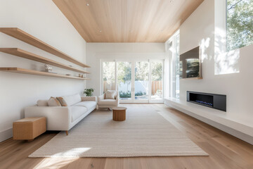 Contemporary Scandinavian Living Room with Light Wood Shelving and Earth-Toned Decor, Featuring Natural Light in Wide-Angle Shot for Bright and Airy Feel