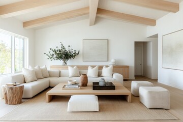 Serene Scandinavian Living Room with Light Wood Accents and Linen Upholstery, Bathed in Natural Light - Elegant Interior Design