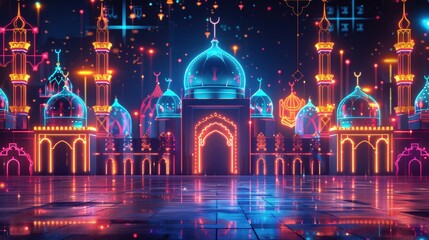 Obraz premium A Neon-Lit Mosque with Reflections on a Wet Floor