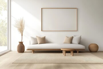 Scandinavian-Inspired Modern Living Room with Light Wood Details and Earthy Rug, Cozy and Stylish Ambiance from Side Angle View