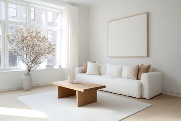 Modern Serene Scandinavian Living Room with Warm Wood Details and Earthy Textures, Side Shot with Natural Light