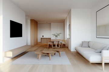Fototapeta premium Serene Scandinavian Modern Living Room with Light Wood Furniture in Earthy Tones, Cozy Minimalist Decor, Wide-Angle Shot