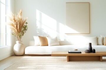 Serene Scandinavian Living Room with Exposed Wood and Large Plants in Soft Lighting - Side Angle Shot of Natural Brightness
