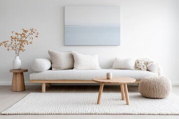 Serene Scandinavian Living Room with Light Wood Accents and Linen Upholstery in Wide-Angle Shot