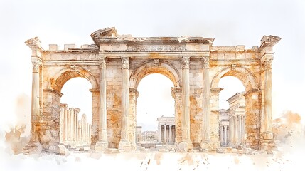 Fototapeta premium A delicate watercolor painting of Roman ruins in France, featuring ancient columns and arches, set against a clean white background. The artwork captures the timeless beauty and grandeur of 