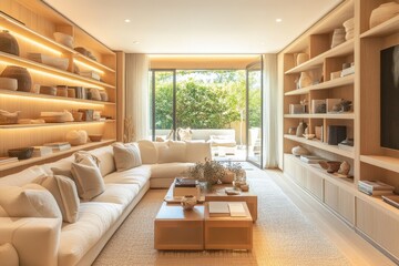 Fototapeta premium Bright and Airy Modern Scandinavian Living Room with Light Wood Shelving and Earth-Toned Accents