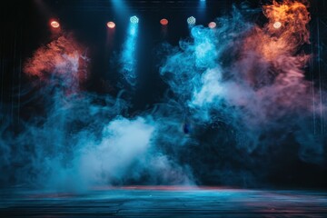 Fototapeta premium Stage illuminated with blue and orange spotlights and fog