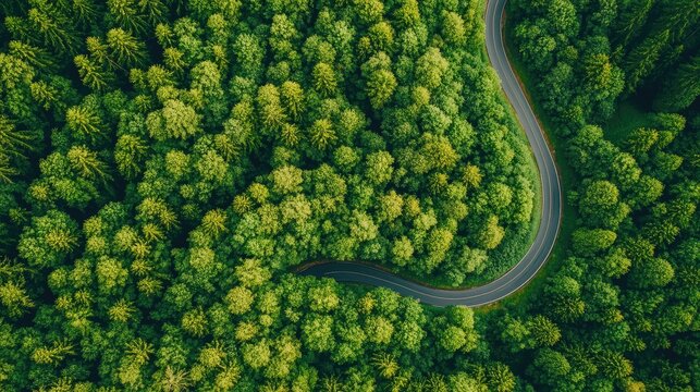 An aerial view of a winding road through a lush green forest.
