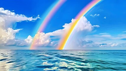 A serene ocean view featuring a vibrant double rainbow against a blue sky and fluffy clouds. - Powered by Adobe