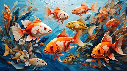 A stunning display of aquatic life, with each fish rendered in a different style - from abstract to realistic - against a clean and crisp background, creating a visually dynamic and captivating image.