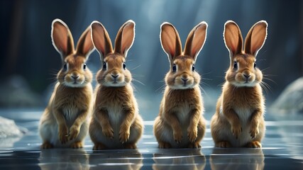 A unique and creative scene, with a group of lapins debout balancing on their pattes, their long ears twitching as they explore the transparent surface beneath them, their curious expressions captured