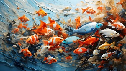 A stunning display of aquatic life, with each fish rendered in a different style - from abstract to realistic - against a clean and crisp background, creating a visually dynamic and captivating image.