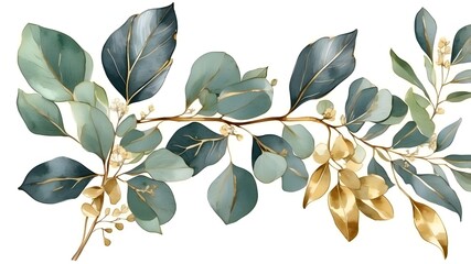 eucalyptus branch and leaf watercolor bouquet with golden line. Illustration of a botanical herb isolated on a transparent background for use in prints, wallpaper, postcards, and greeting cards,
