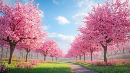Fototapeta premium Springtime landscape with flowering cherry trees, spring flowers, scenic seasonal beauty