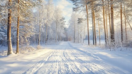 Obraz premium Sunny morning in a winter snowy forest. Frosty morning. Frost falls from the trees. The ski track is covered with snow
