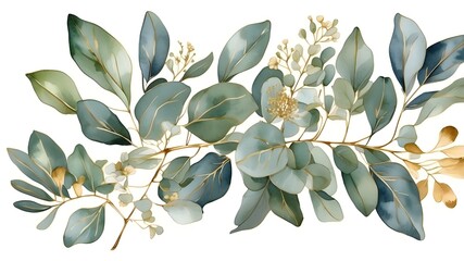 eucalyptus branch and leaf watercolor bouquet with golden line. Illustration of a botanical herb isolated on a transparent background for use in prints, wallpaper, postcards, and greeting cards,
