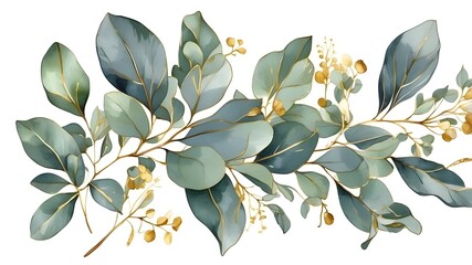 eucalyptus branch and leaf watercolor bouquet with golden line. Illustration of a botanical herb isolated on a transparent background for use in prints, wallpaper, postcards, and greeting cards,