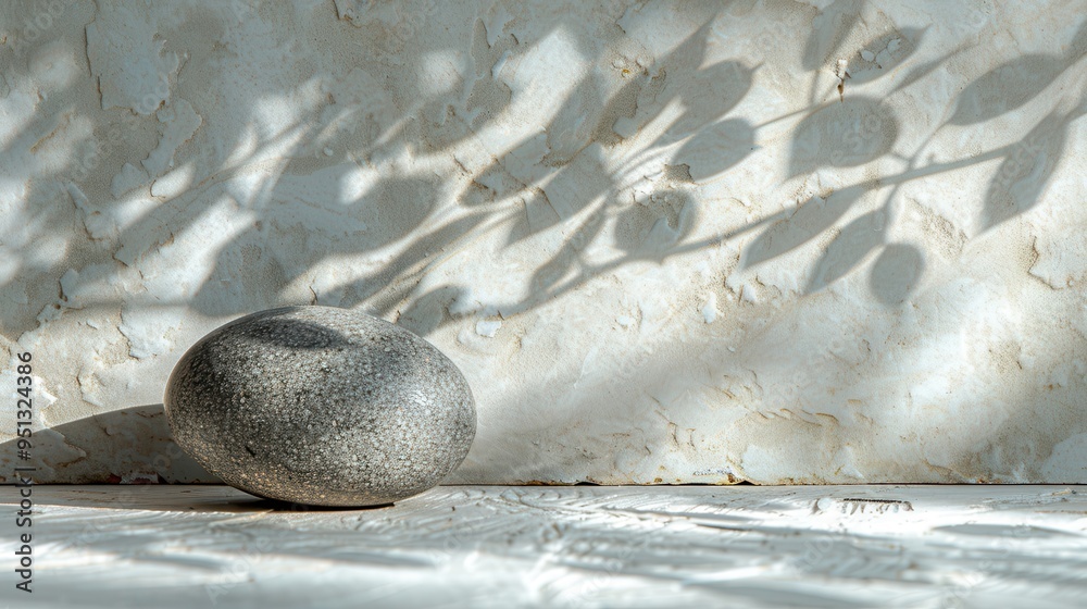 Aufkleber single smooth grey stone resting on white wood surface with branch shadows