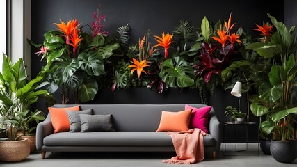 On a black wall, numerous tropical plants with vivid colors are