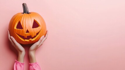 Hands holding a carved Halloween pumpkin against a soft pink background.