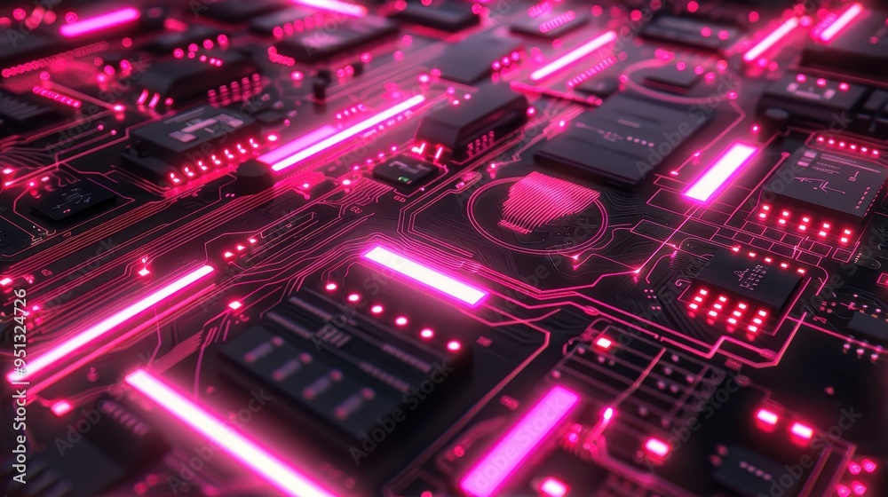 Aufkleber close-up of a circuit board with glowing pink lines and leds