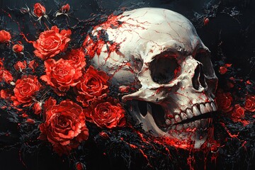 A striking Halloween-themed composition featuring a skull entwined with red roses on a black background, ideal for spooky events and festive decorations, with copy space.