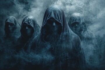 A chilling Halloween-themed image featuring an army of hackers in hoods, shrouded in dark smoke, perfect for spooky events or cyber-themed promotions with copy space.