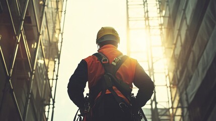 Fototapeta premium Worker inspecting the safety harness before climbing scaffolding