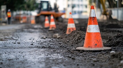 Construction site with safety lines and cones marking hazardous areas