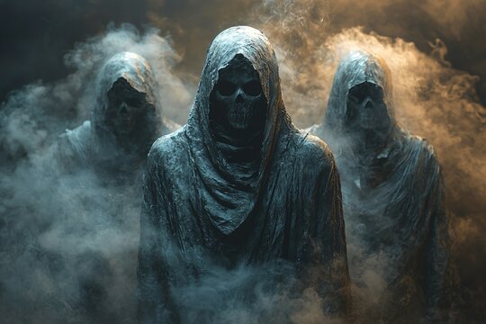 A haunting Halloween scene featuring cloaked figures shrouded in smoke, perfect for cybercrime awareness campaigns or spooky event promotions with copy space.
