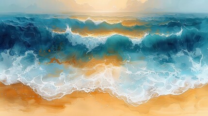 Fototapeta premium Abstract Coastal Painting with Blue Water, White Foam, and Golden Sand