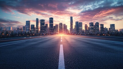 Fototapeta premium Empty asphalt road leads towards the city skyline at sunset.