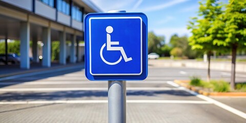 Accessible parking space marker with blue wheelchair symbol and white background, mounted on a pole near a parking lot, indicating designated handicapped parking spot.