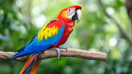 Obraz premium Vibrant parrot perched on branch, exotic animal portrait, zoo environment