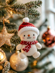 Obraz premium Cute knitted snowman ornament with a red Santa hat and scarf, hanging on a decorated Christmas tree.