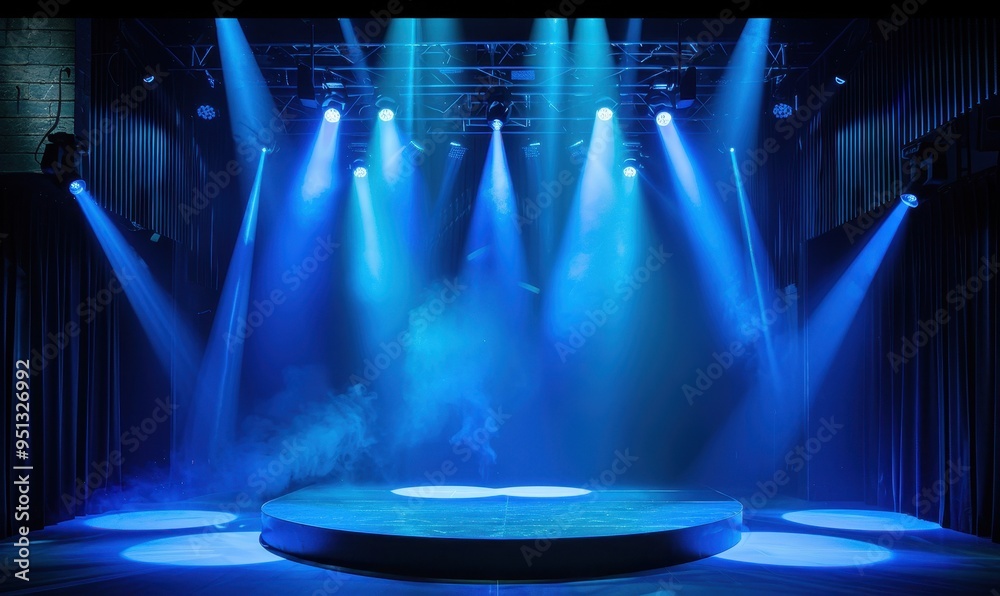 Poster empty stage with blue spotlights and a circular platform