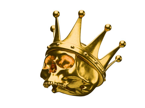 Happy Halloween, Monarchy and Dead King concept theme with a gold metal human skull wearing a shiny gold crown isolated on black background with high contrast and a clip path cut out