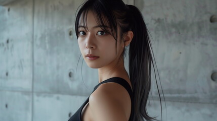 Naklejka premium ポニーテールの若いファションモデルの女性