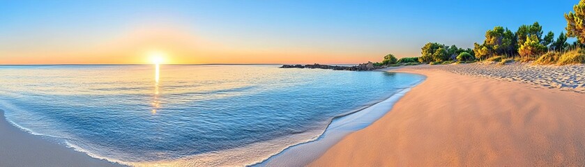 Secluded beach sunset, peaceful beachfront view, golden sun setting over calm ocean, tranquil retreat