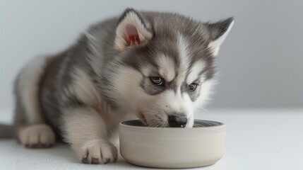 Fototapeta premium A Siberian Husky drinking from a bowl indoors.