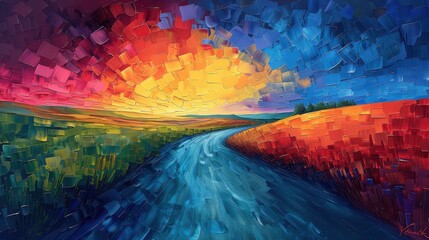 Fototapeta premium Abstract Landscape Painting with a Winding Road, Sunset, and Blue Sky