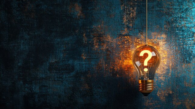 A conceptual image featuring a vintage-style light bulb with an illuminated question mark inside, hanging from a thin wire against a dark, textured wall, casting subtle light on the surroundings