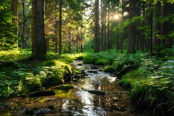 Obraz premium Beautiful green forest with a small river