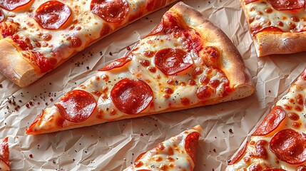 Repeatable pattern of triangle slices of pepperoni. Endless background with cut pieces of pizza with different filling, sauce. Traditional Italian food, cuisine. Flat seamless vector illustration