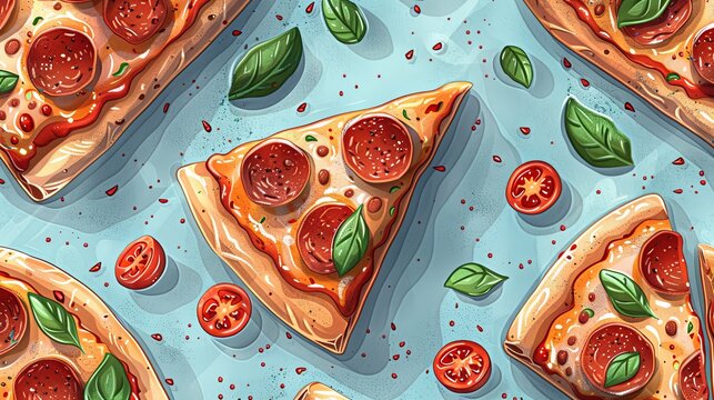 Repeatable pattern of triangle slices of pepperoni. Endless background with cut pieces of pizza with different filling, sauce. Traditional Italian food, cuisine. Flat seamless vector illustration