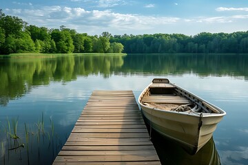 Obraz premium Wooden boat on the lake in summer