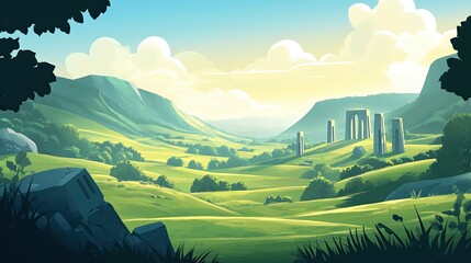 ancient rolling hills with misty valleys scattered ancient ruins and gentle sunlight in flat design style creating a peaceful scene